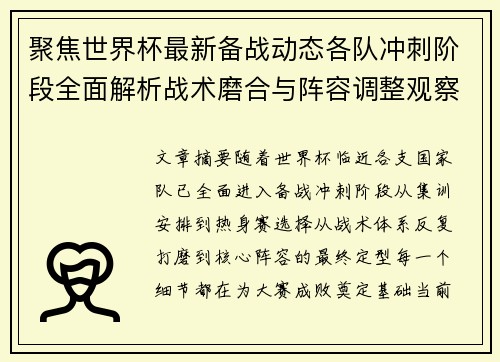 聚焦世界杯最新备战动态各队冲刺阶段全面解析战术磨合与阵容调整观察